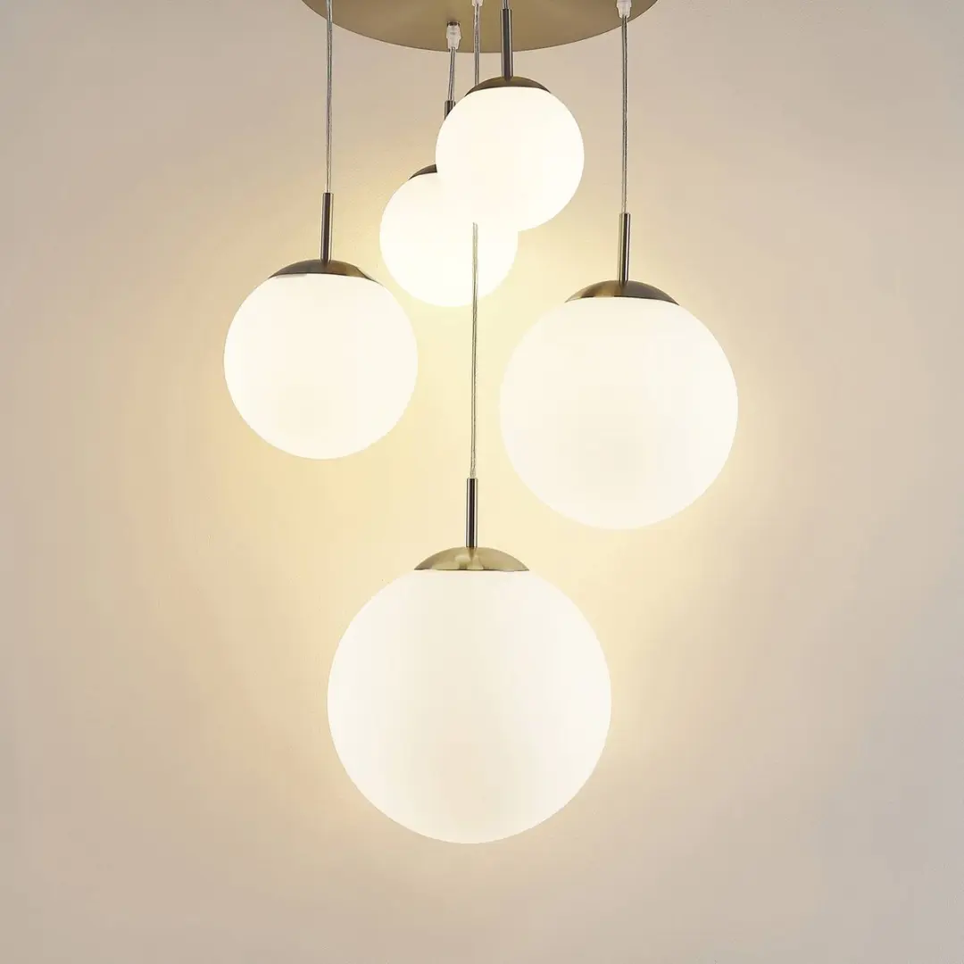 Lindby Hanglamp 5-Lichts Metaal Glas - Mat Nikkel/Opaalwit