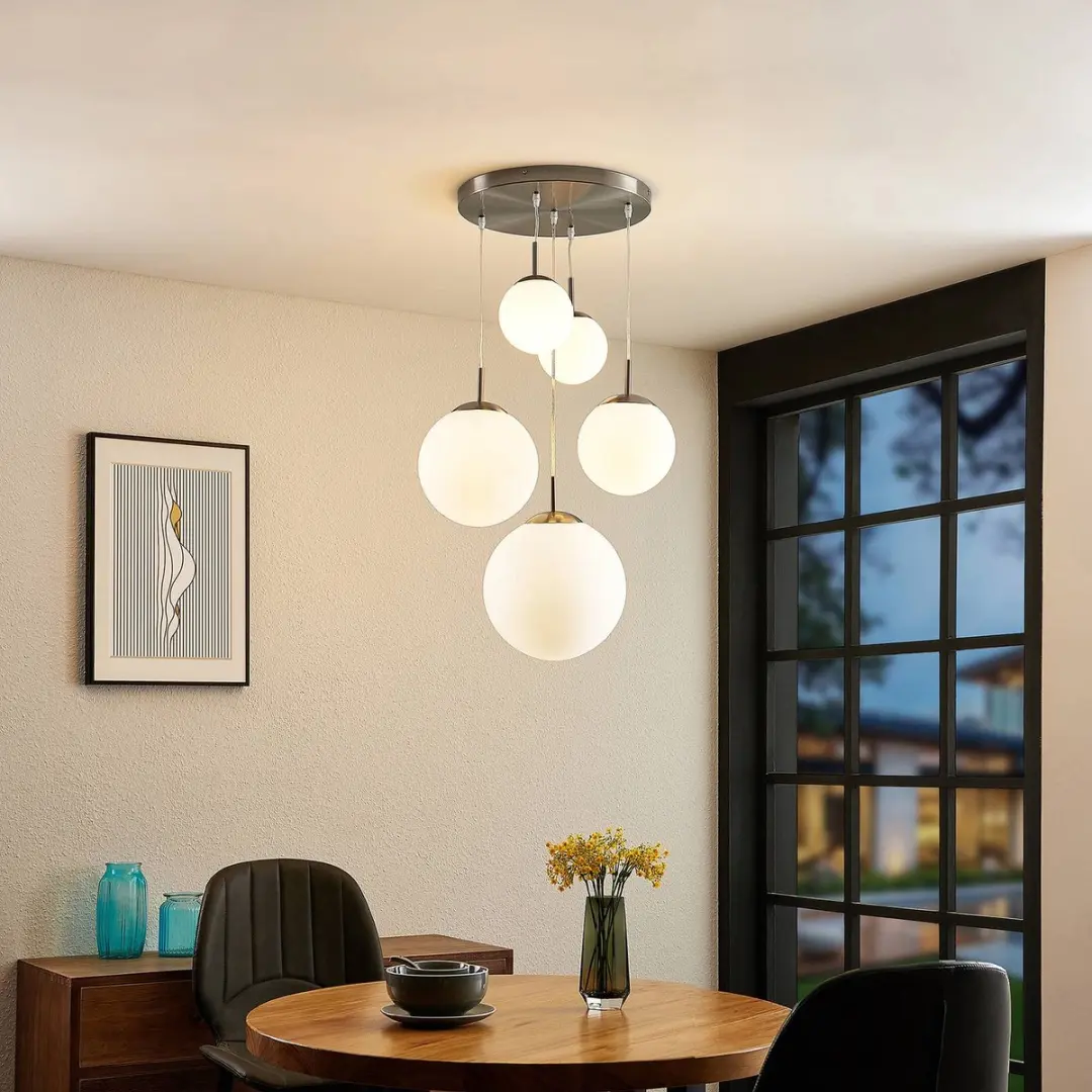 Lindby Hanglamp 5-Lichts Metaal Glas - Mat Nikkel/Opaalwit