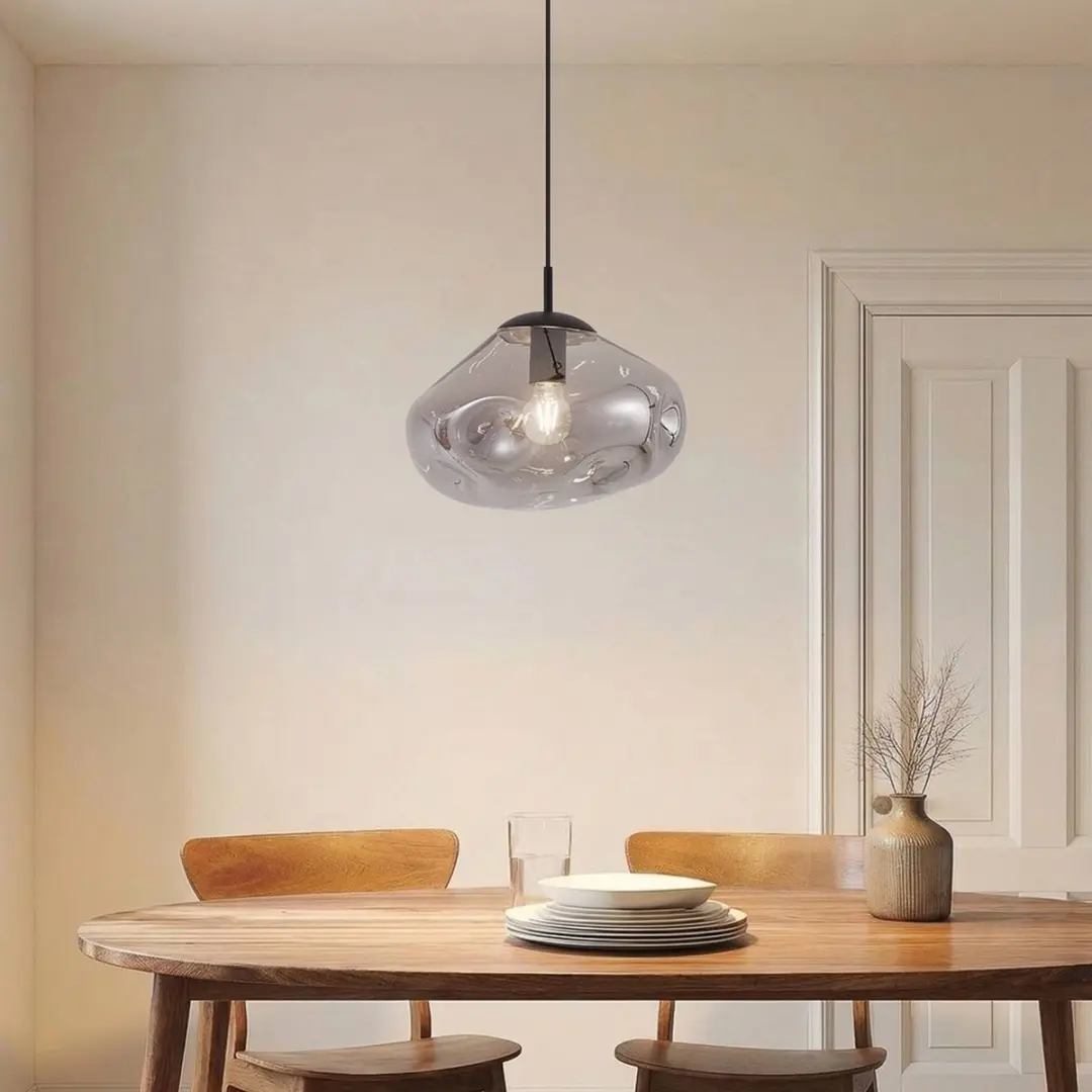Lindby Hanglamp Glas - 1 Lichtpunt - Ø35cm - Rookgrijs/Zandzwart