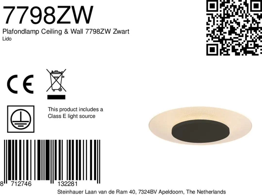 Steinhauer Lido 7798ZW Plafonnier - Ø36cm 1500 Lumen Zwart