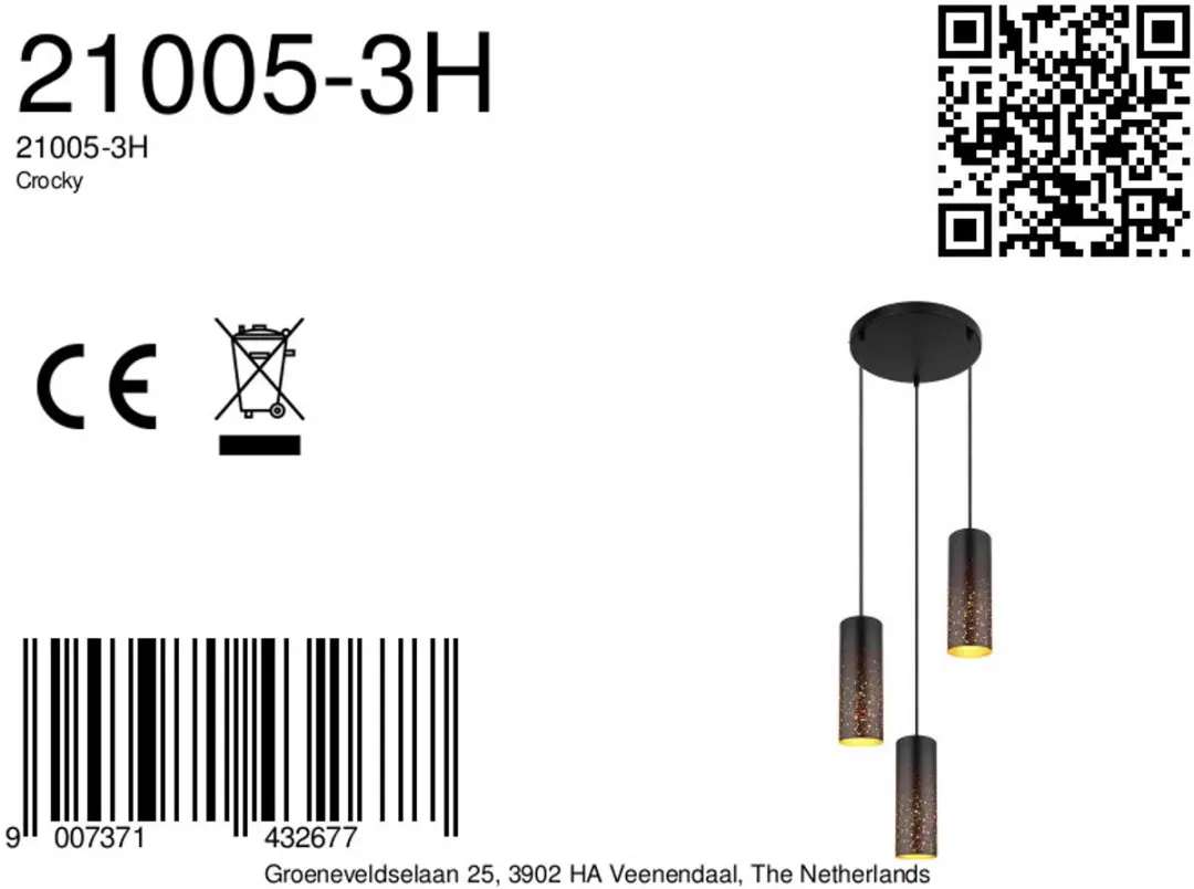 Globo Crocky Hanglamp - 3 Lichtpunten - Ø34cm - Zwart