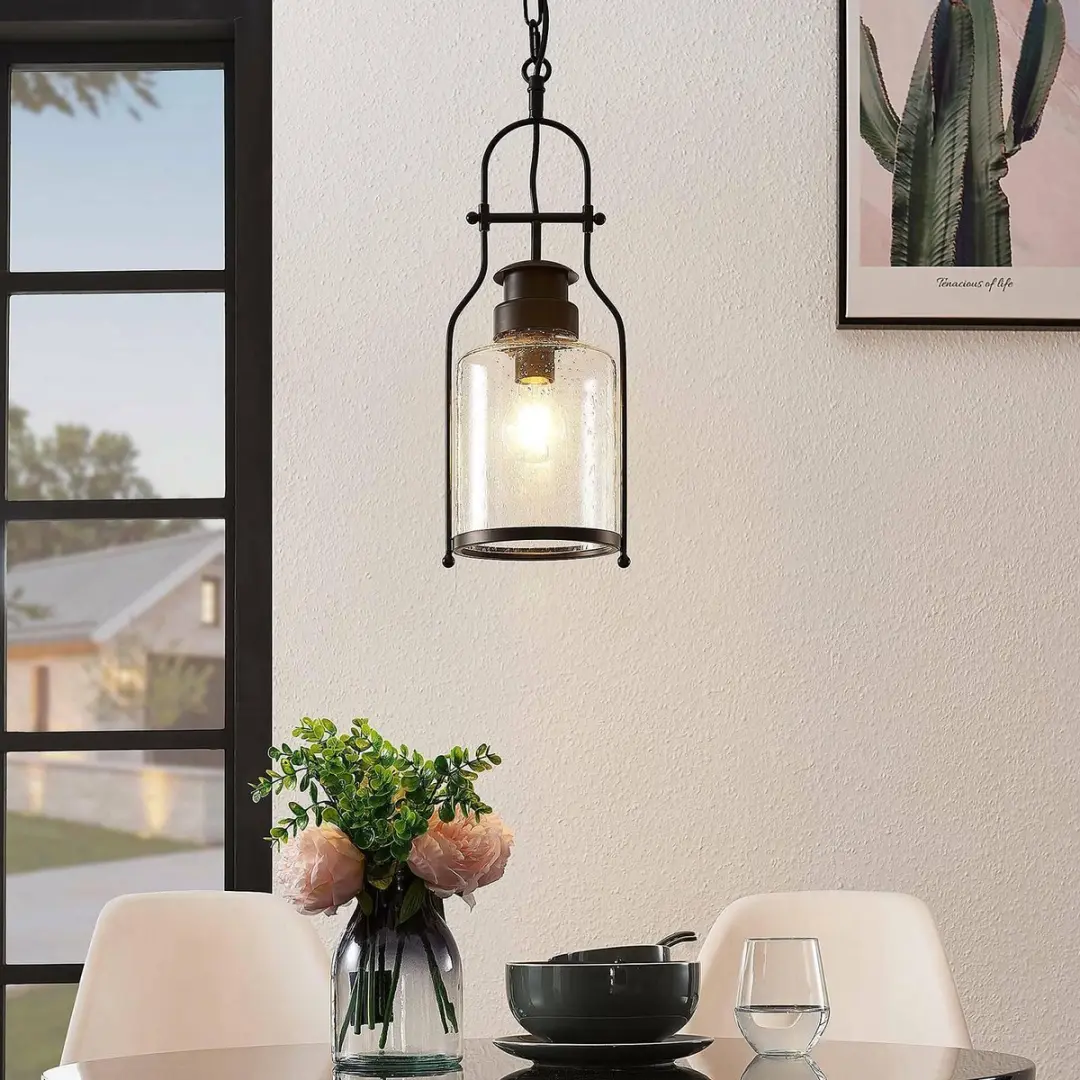 Lindby Hanglamp Metaal Glas 1 Licht E27 - 21cm - Matzwart/Transparant
