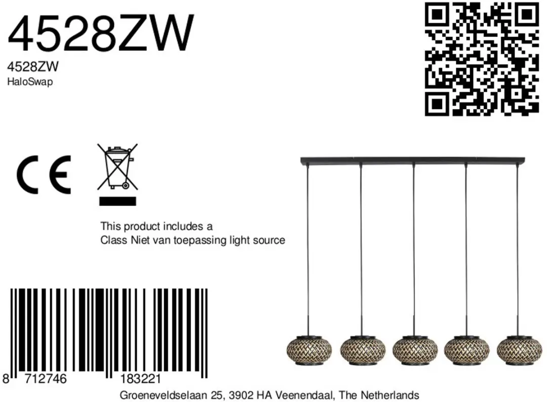 Steinhauer Nox Light 4528ZW Hanglamp - 5 Lichtpunten - 40W - Beige/Zwart - afbeelding 6 van 6