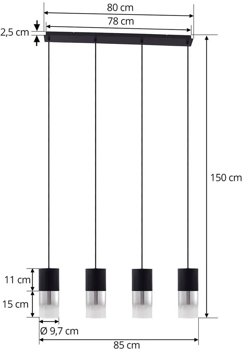 Lindby Hanglamp 4-lichts Glas Aluminium - 24cm - E27 - Rookgrijs/Zwart