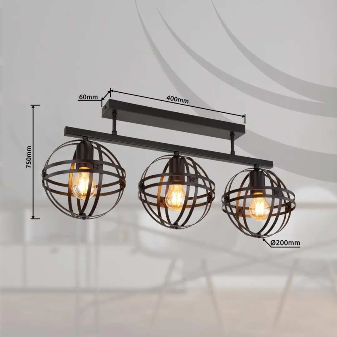 Globo Tamara Plafondlamp - 3x E27 - Ø20cm - Zwart - afbeelding 6 van 6