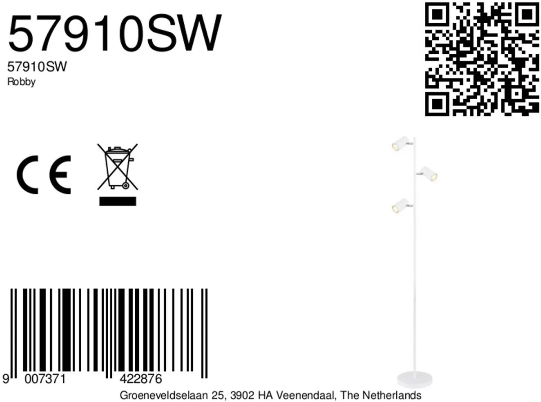Globo Robby Vloerlamp - 3x GU10 - Wit