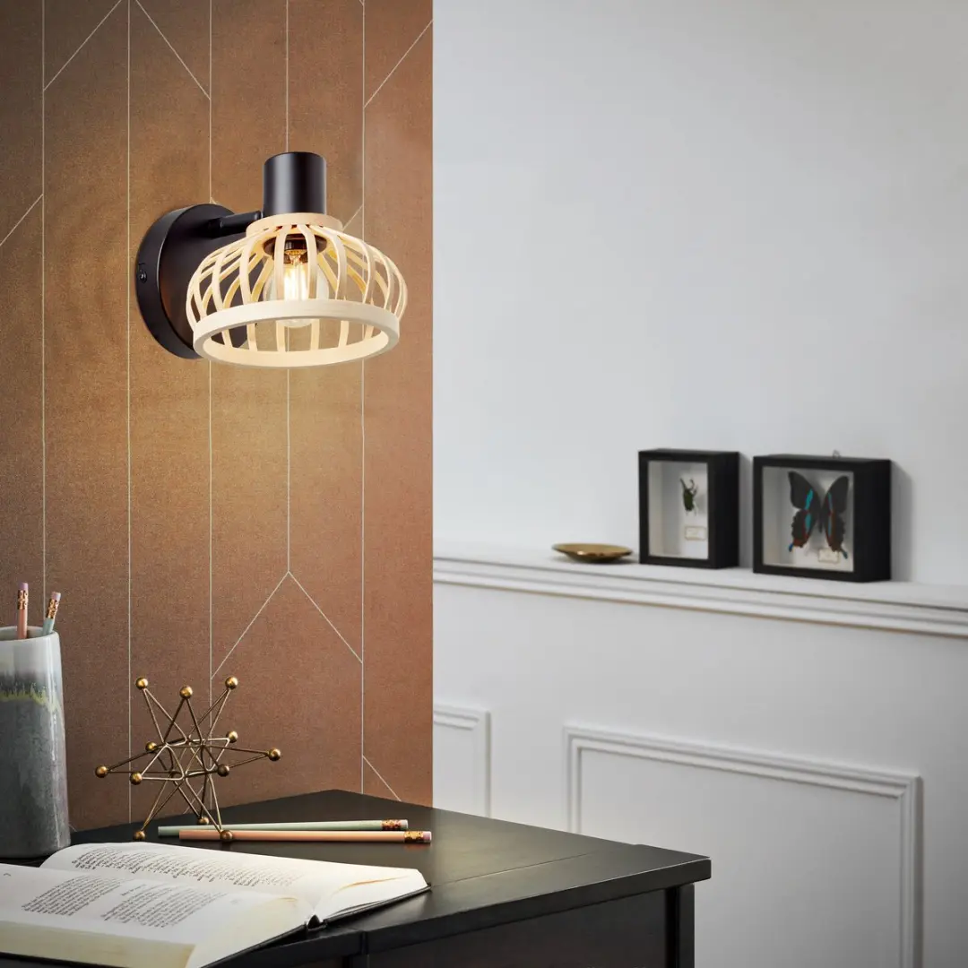 Brilliant Norah Wandspot D45 E14 28W - Hout/Zwart Metaal/Bamboe