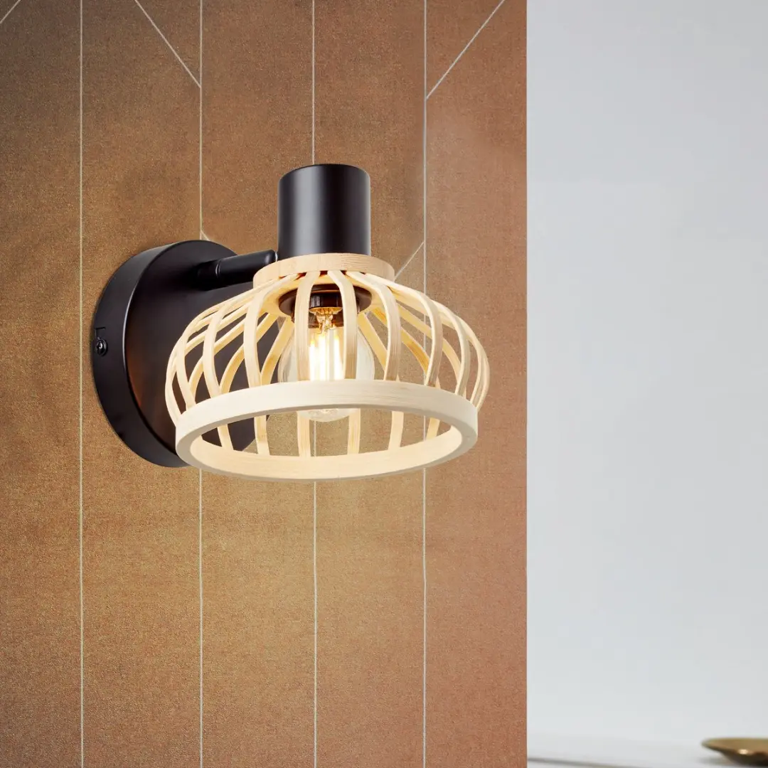 Brilliant Norah Wandspot D45 E14 28W - Hout/Zwart Metaal/Bamboe - afbeelding 6 van 6