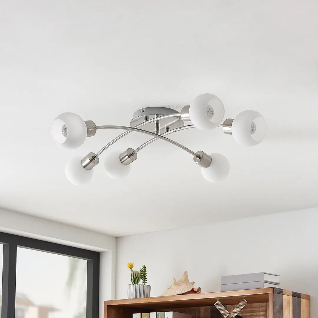 Lindby Plafondlamp 6 Lichtpunten - Nikkel/Wit - afbeelding 6 van 6