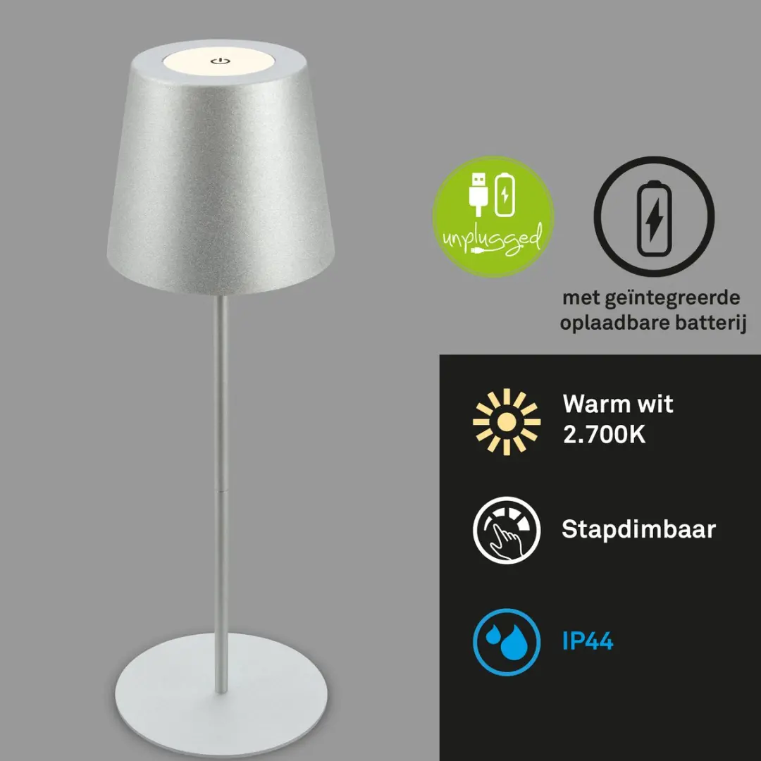 Briloner Oplaadbare Tafellamp - Zilverkleurig - Ø10.5cm