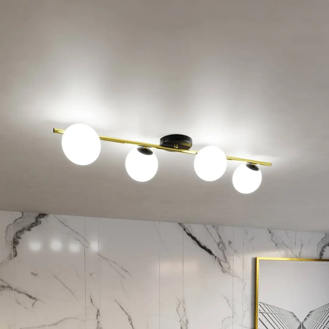 Euluna Plafondlamp 4-Lichts Staal Glas - 14cm - Zwart/Goud/Witte Opaal - afbeelding 2 van 5