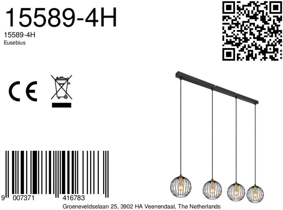 Globo Eusebius Hanglamp - 4x E14 - Zwart - afbeelding 6 van 6