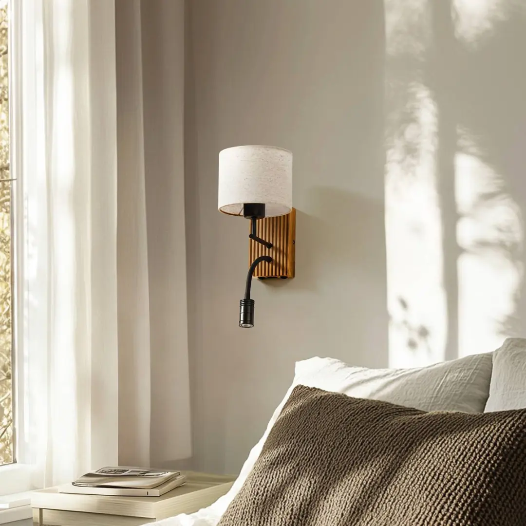 Lucande Wandlamp Lieske - 1 Lichtpunt - E27 - Beige/Zwart/Licht Hout - afbeelding 6 van 6