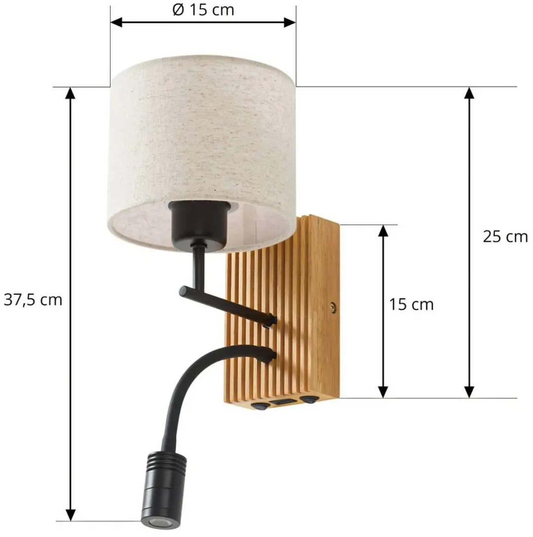 Lucande Wandlamp Lieske - 1 Lichtpunt - E27 - Beige/Zwart/Licht Hout