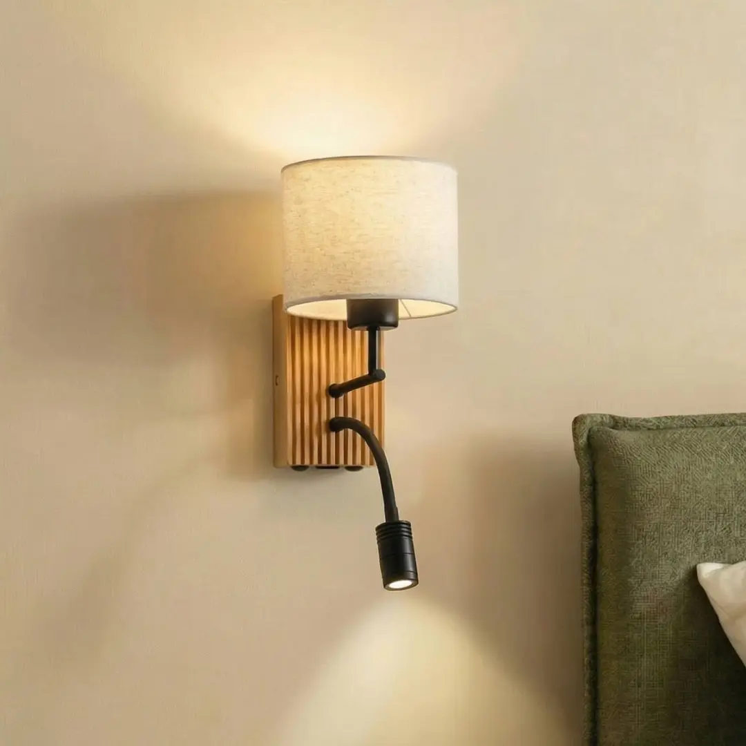 Lucande Wandlamp Lieske - 1 Lichtpunt - E27 - Beige/Zwart/Licht Hout