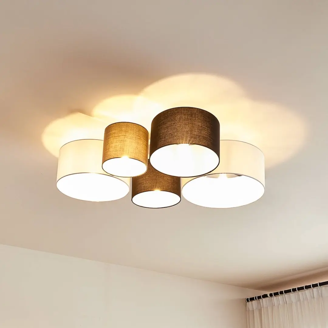 Lindby Plafondlamp 5-Lichts Textiel Metaal - Grijs/Zwart/Wit