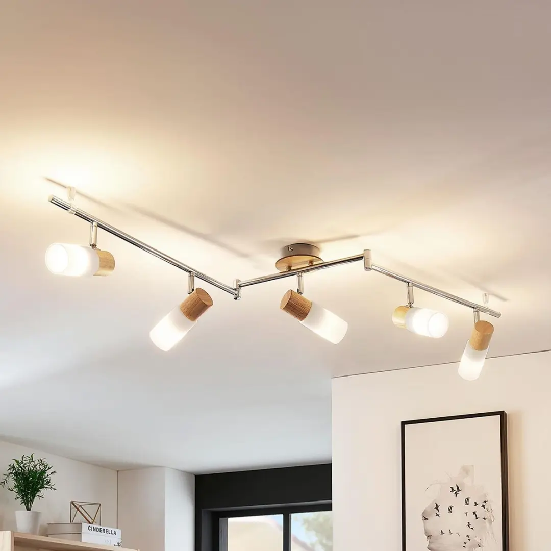 Lindby Buitenspot 5-licht Glas Hout Metaal E14 - 21cm - Wit/Licht hout/Chroom