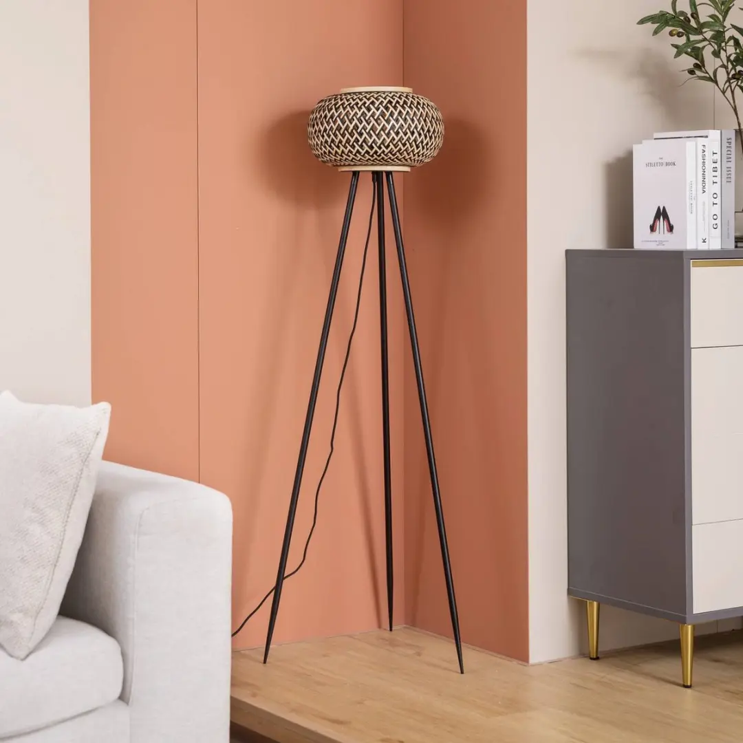 Lindby Vloerlamp Bamboe 136cm - E27 - Zwart/Darkhout