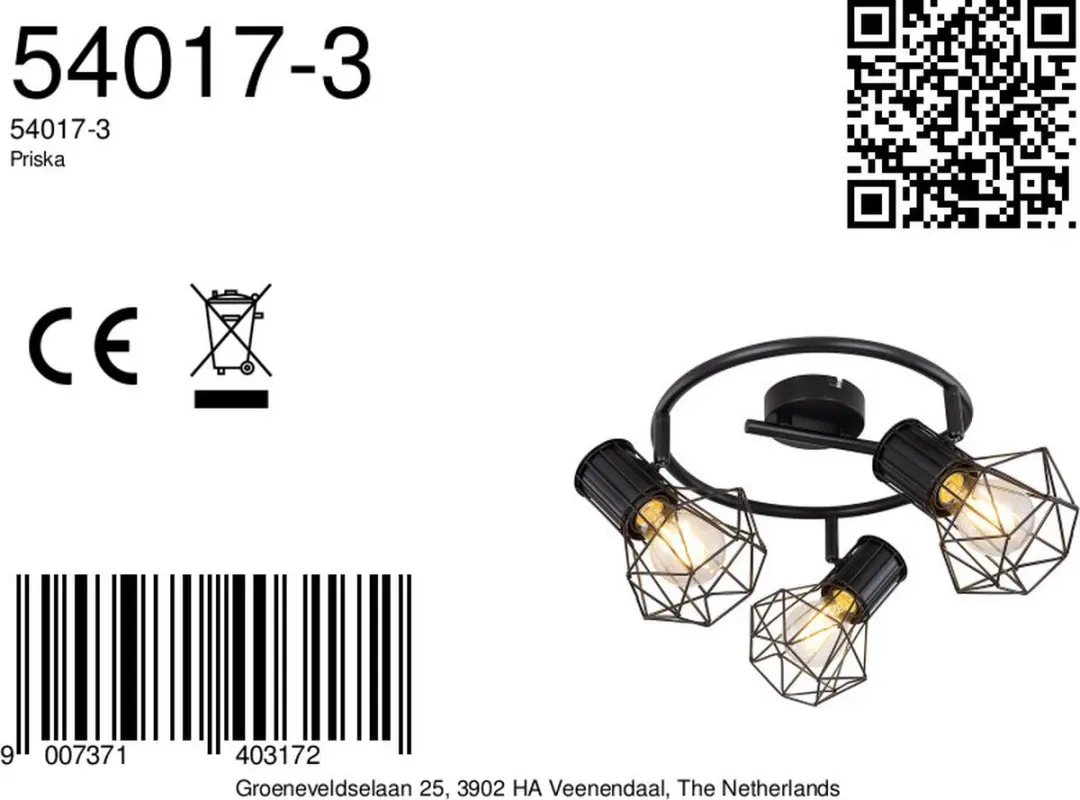 Globo Spot Priska E27 - 3x Zwart - Ø29cm - afbeelding 6 van 6