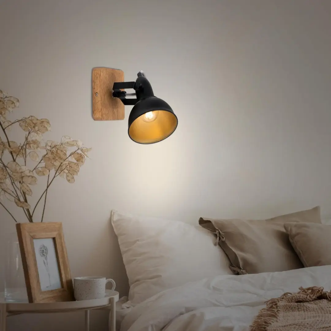 Briloner Wood & Style Wandlamp E14 - Hout & Metaal - Zwart/Goud