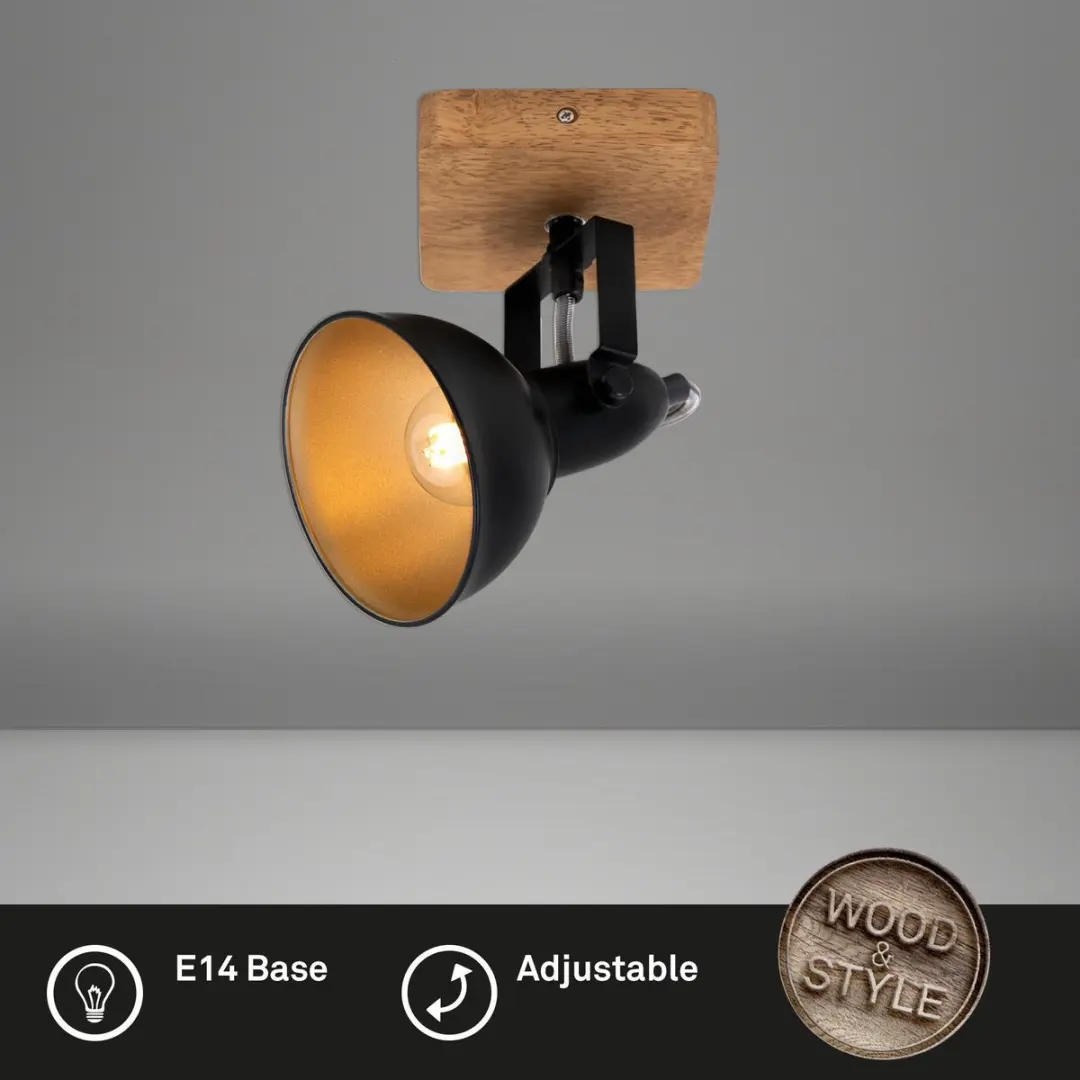 Briloner Wood & Style Wandlamp E14 - Hout & Metaal - Zwart/Goud