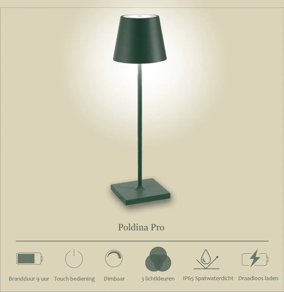Zafferano Poldina Pro Oplaadbare LED Tafellamp Donkergroen - IP65