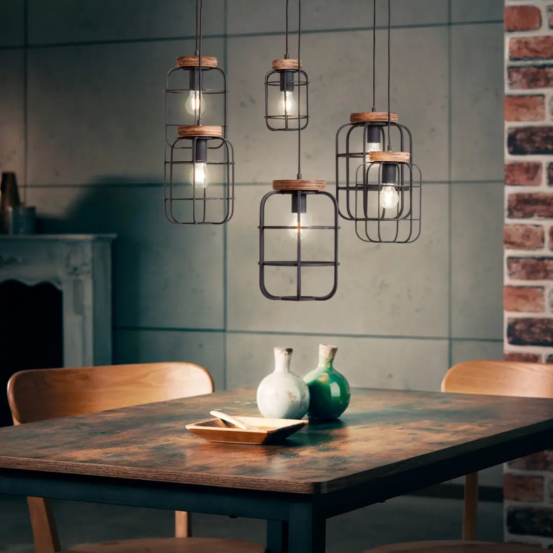 Brilliant Gwen Hanglamp E27 - 6x52W - Zwart/Hout - afbeelding 6 van 6