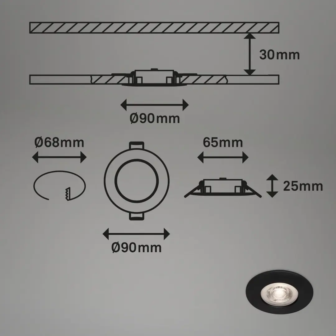 Briloner LED Inbouwspots 4,9W Ø9cm - 3 Stuks - Zwart - IP44