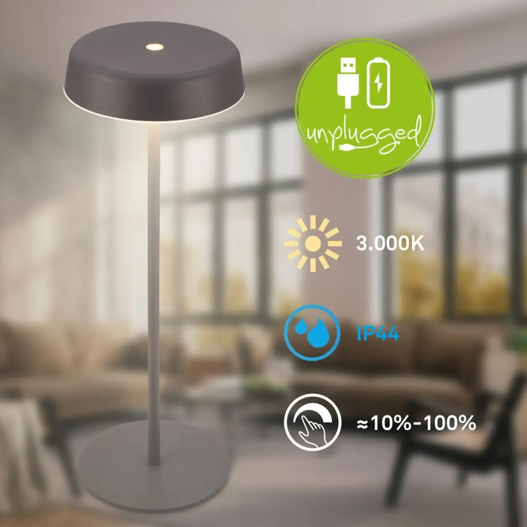 Briloner Pala Oplaadbare Tafellamp - 3W Warm Wit - Antraciet