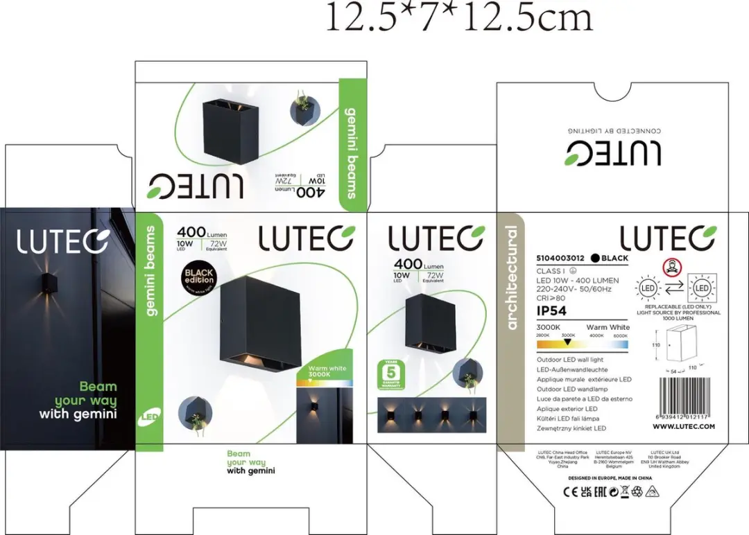 Lutec Gemini Beams Wandlamp LED 10W 4000K - Donkergrijs