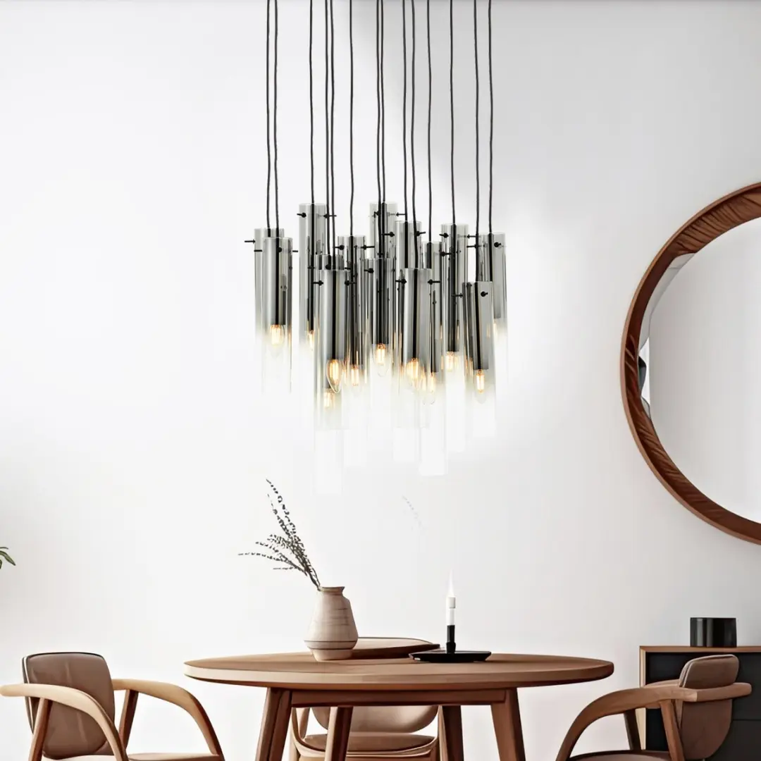 Brilliant Glasini Hanglamp 14x C35 E14 - 25W - Mat zwart/gerookt glas