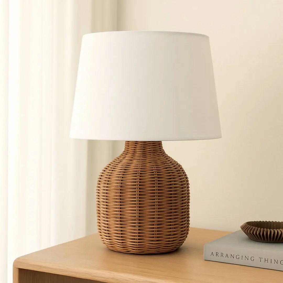 Lindby Tafellamp Rotan Textiel - 1 Lichtpunt - Ø35cm - Wit/Licht Hout