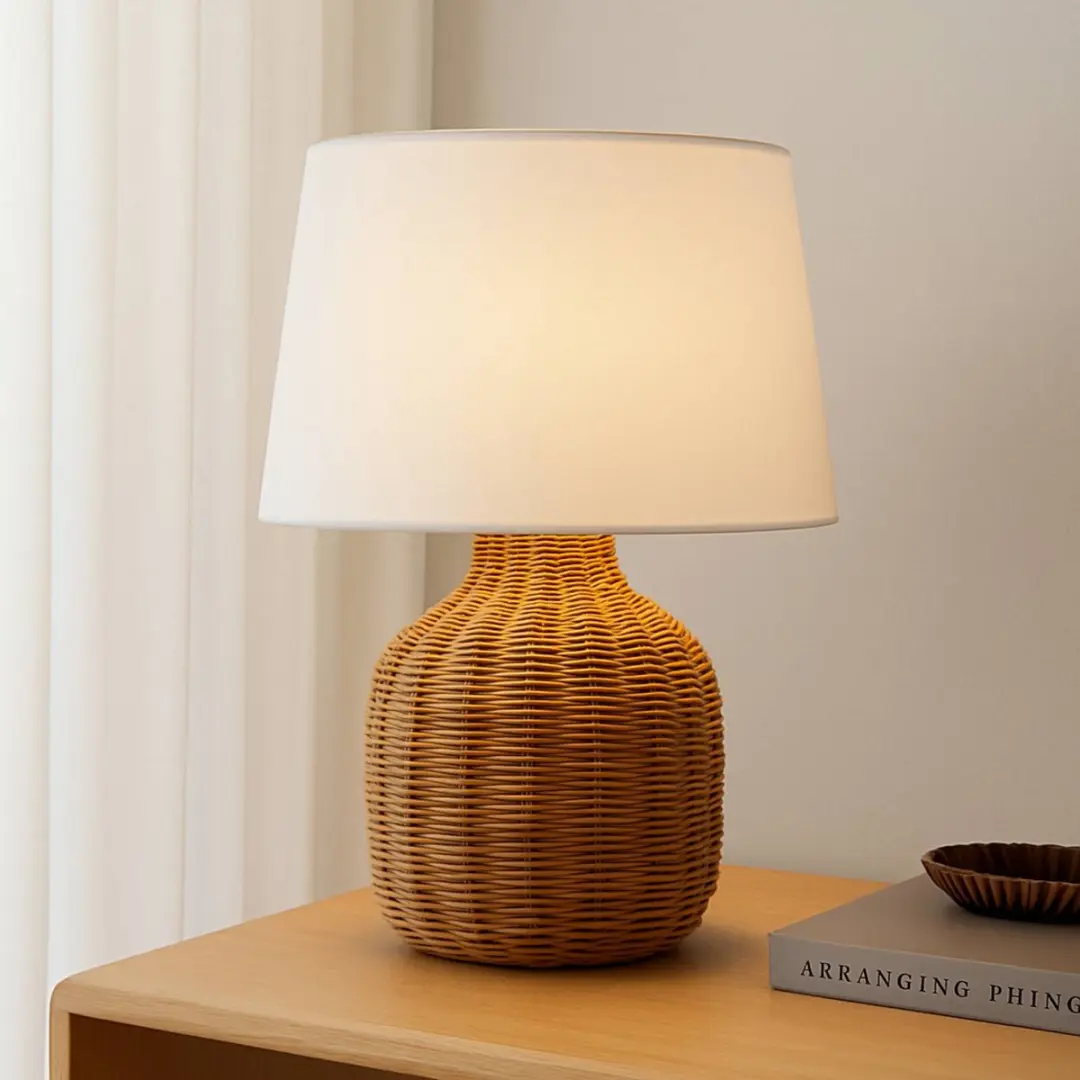 Lindby Tafellamp Rotan Textiel - 1 Lichtpunt - Ø35cm - Wit/Licht Hout