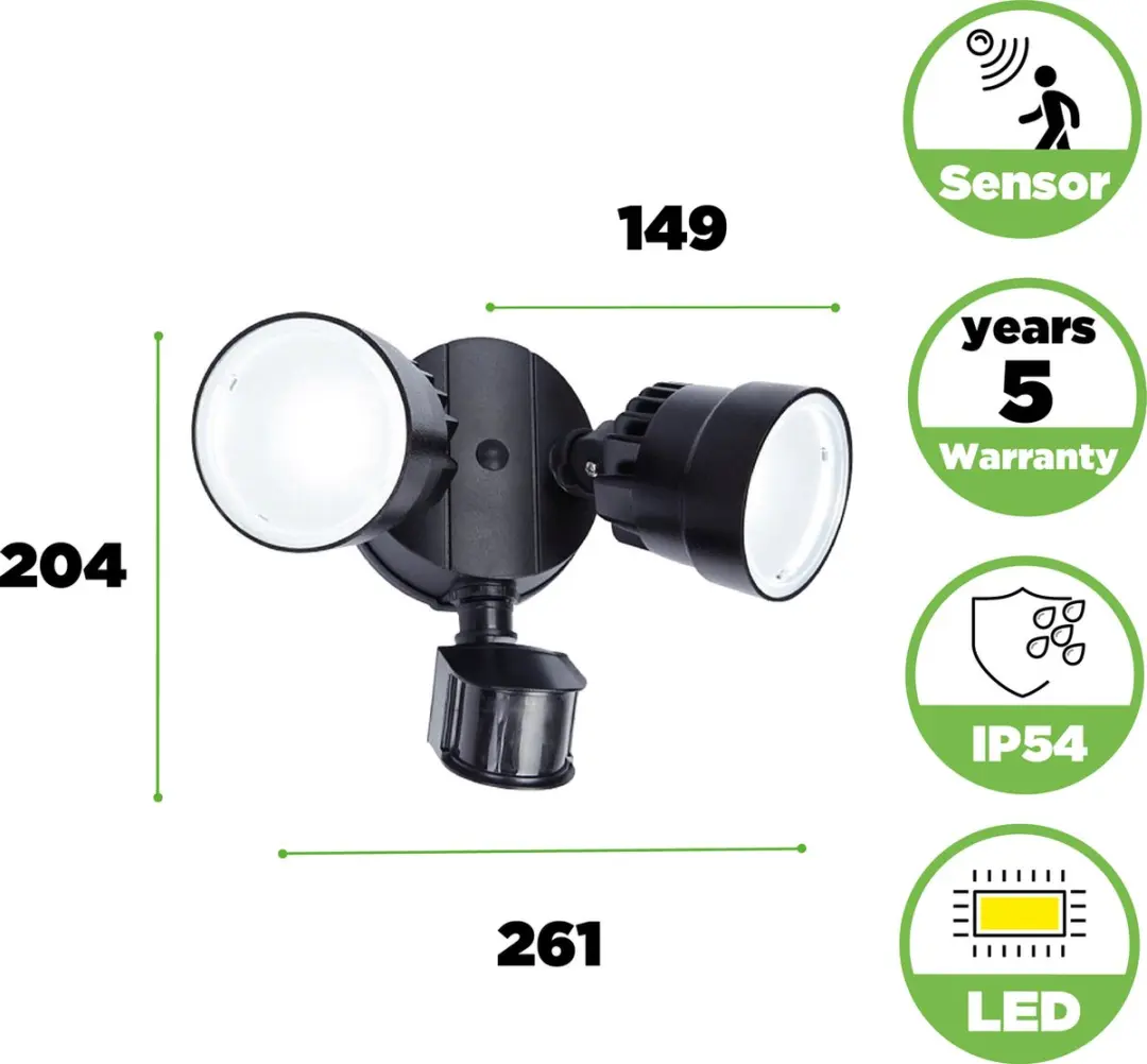 Lutec Shrimp LED Bewegingssensor Wandlamp - 2x1250 Lm 5000K - Zwart