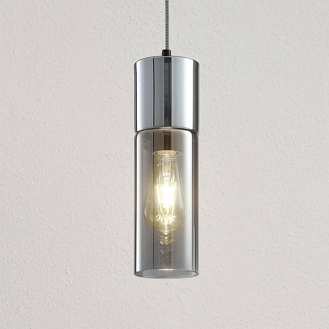 Lindby Hanglamp Glas Metaal 1 Licht E27 Rookgrijs Chroom