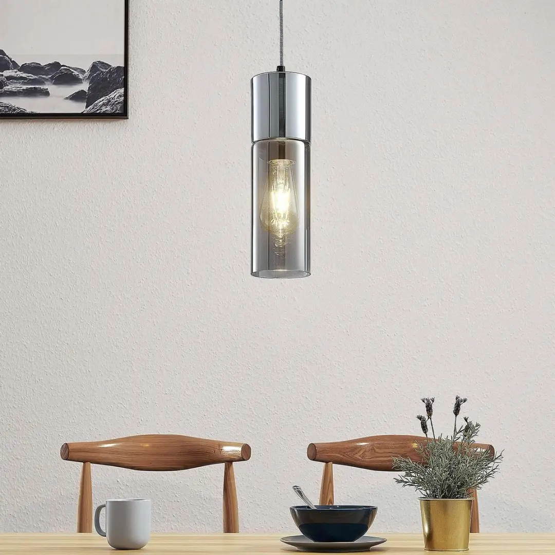 Lindby Hanglamp Glas Metaal 1 Licht E27 Rookgrijs Chroom