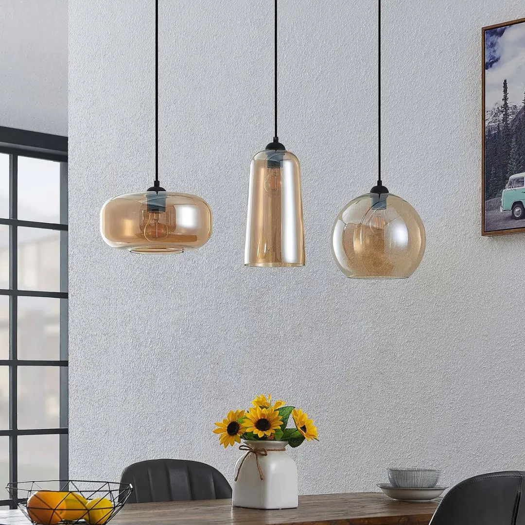 Lucande Hanglamp 3-Lichts Metaal Glas - Zwart/Amber - afbeelding 6 van 6