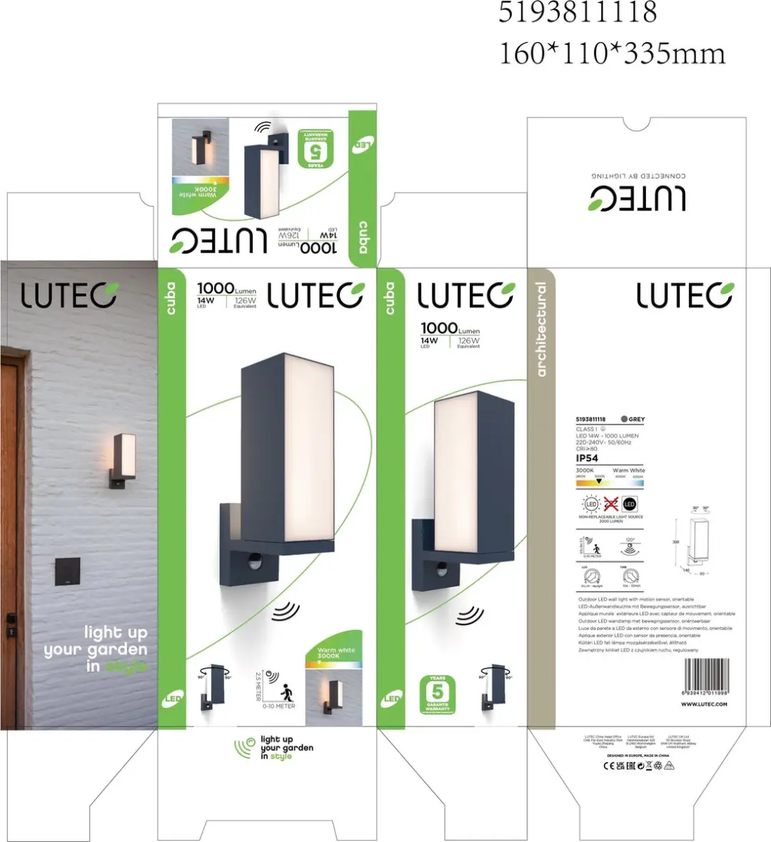 Lutec Cuba LED Wandlamp Buiten Sensor - 14W Warm Wit - afbeelding 6 van 6