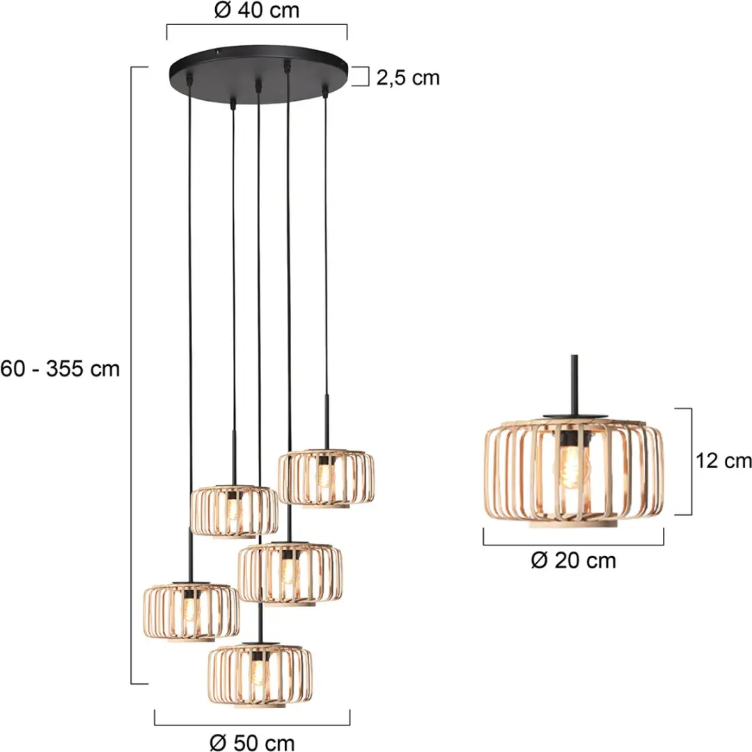 Steinhauer Hanglamp Breeza-Beache 4522ZW - 5 Lichtpunten - Zwart/Bamboe