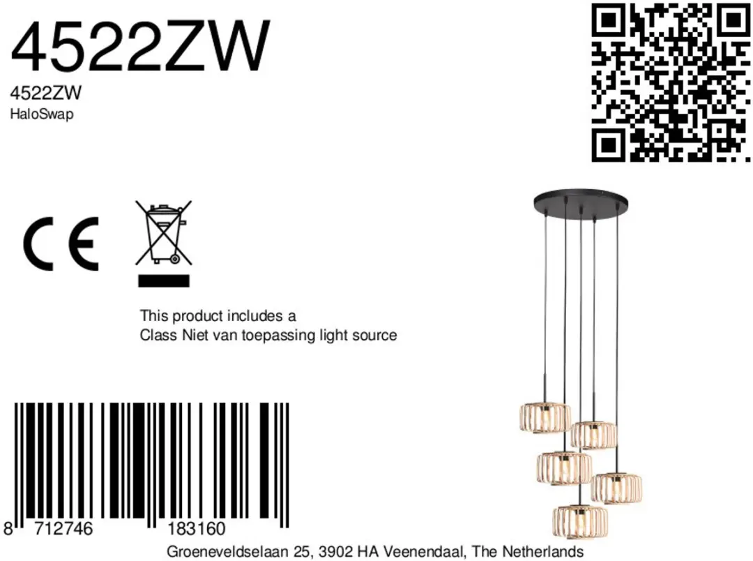 Steinhauer Breeza-Beache 4522ZW Hanglamp - Zwart/Naturel - 5 × E27 - afbeelding 6 van 6