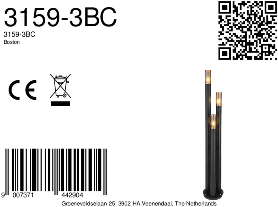 Globo Boston Vloerlamp - 3x E27 - 28cm - Zwart