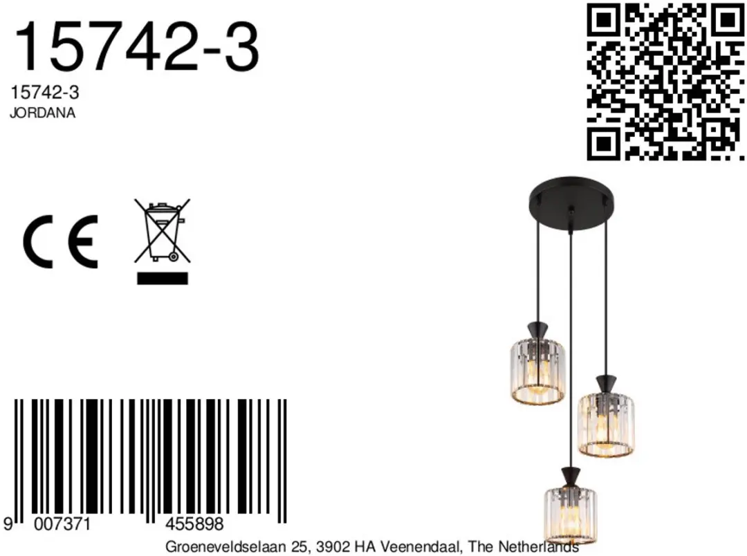 Globo Jordana Hanglamp - 3 Lichtpunten - Ø32cm - Zwart
