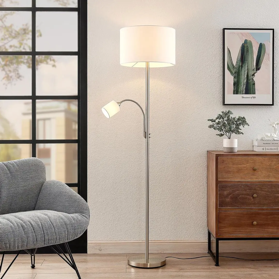 Lindby Vloerlamp 170cm - Wit, Mat Nikkel