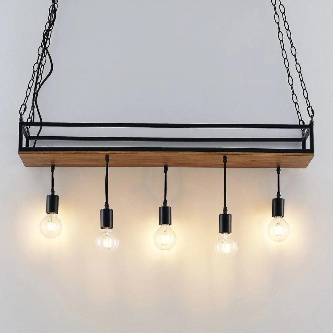 Lindby Hanglamp 5-Lichts IJzer/Dennehout - Zwart/Donkere Grenen