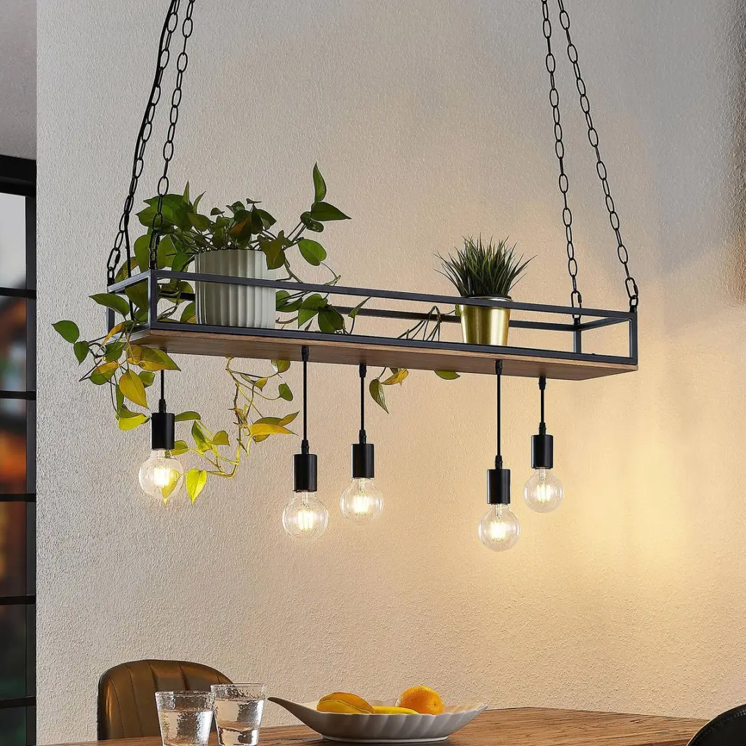 Lindby Hanglamp 5-Lichts IJzer/Dennehout - Zwart/Donkere Grenen