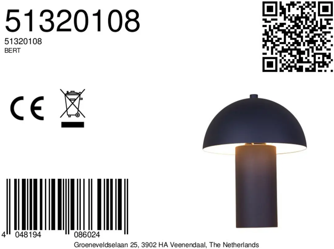 Globo BERT Tafellamp - Zwart - E14