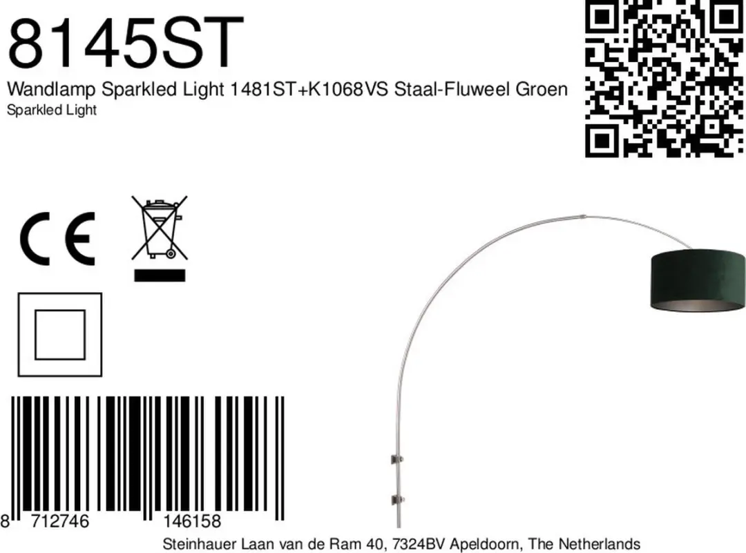 Steinhauer Sparkled Light 8145ST Wandlamp - 145cm Zilver/Velours Groen - afbeelding 6 van 6