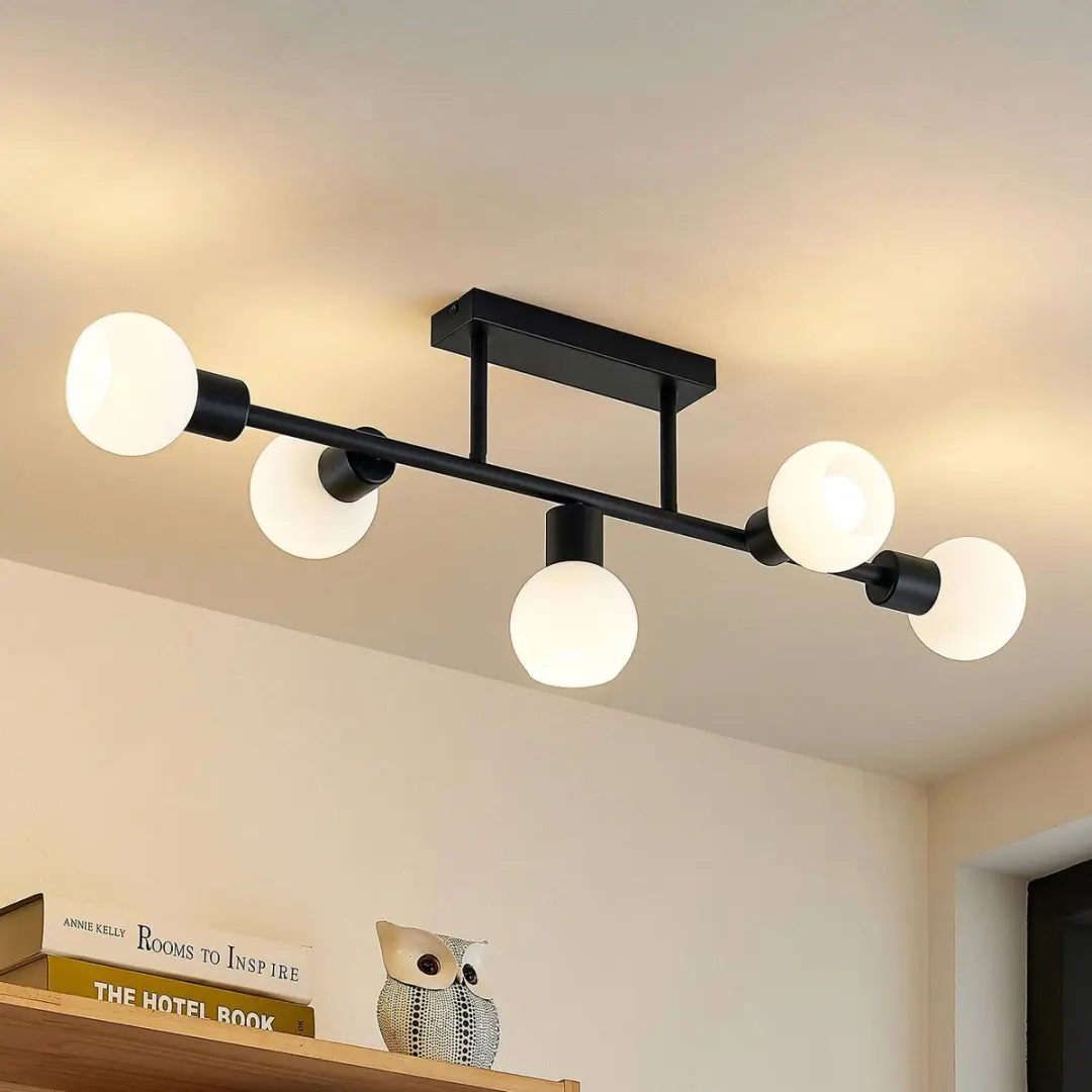 Lindby Plafondlamp 5-Lichts - Mat Zwart/Mat Opaalwit