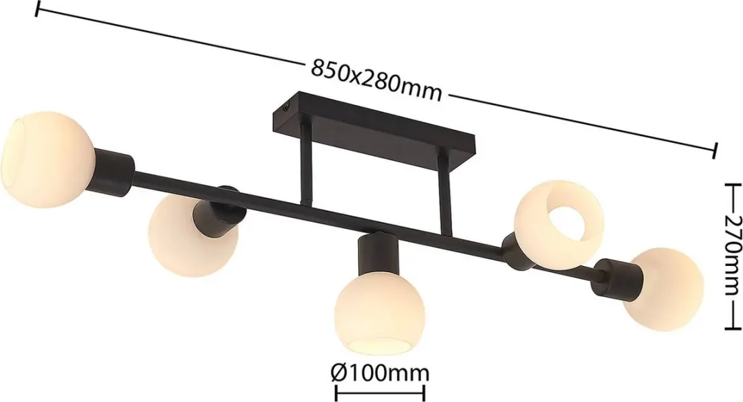 Lindby Plafondlamp 5-Lichts - Mat Zwart/Mat Opaalwit