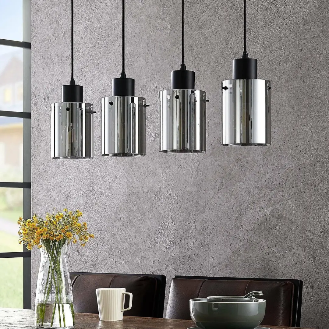Lindby Hanglamp 4-Lichts - Staal/Glas - E27 - Zwart/Rookgrijs